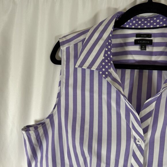 Talbots Blouse Women's 16 Purple White Striped Button Up Vneck Collared Non Iron - Picture 4 of 9